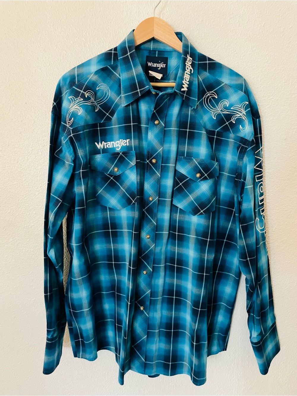 Wrangler Show Shirt Plaid Embroidered Western Button Down Cotton Spellout Rodeo